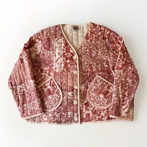 Como Vintage Women's Quilted Floral Jacket Cream/Red XXL Cottagecore Button-Up